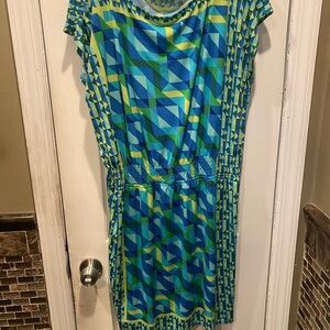 Roz & Ali Women Green Blue Retro Print Dress Size 14